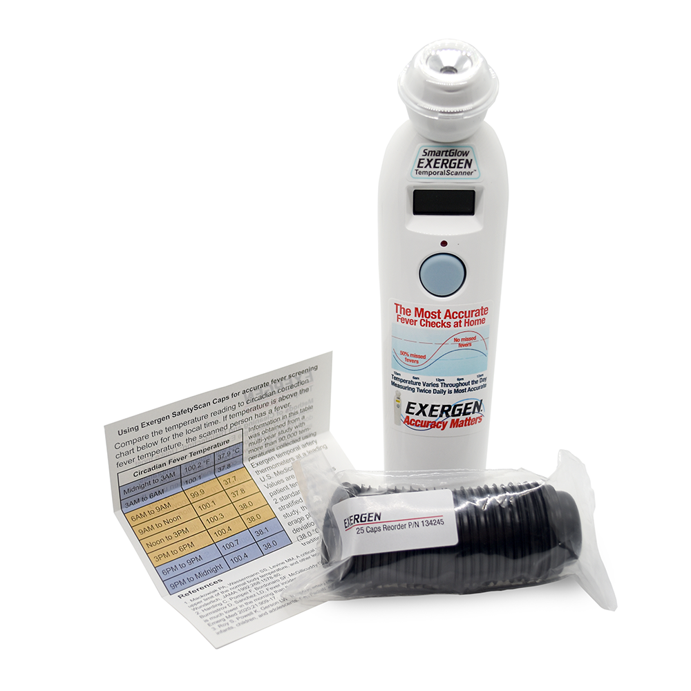Exergen TAT-2000C 관자동맥 체온계 구성품 — 본체, SafetyScan 보호 캡 25입, 서카디안 발열 기준표